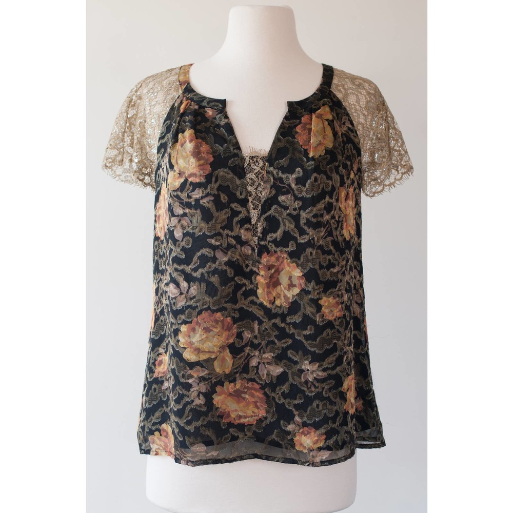 Anthropologie Disa Velvet Floral Metallic Lace Top